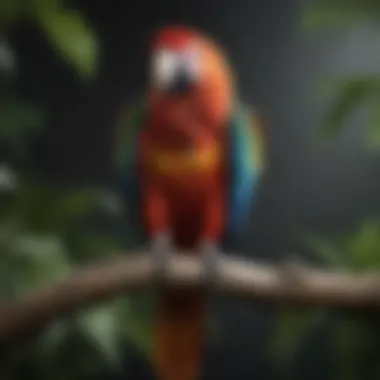 A colorful macaw perched on a branch, showcasing its vibrant plumage.