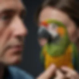 A close-up of an avian veterinarian examining a parrot
