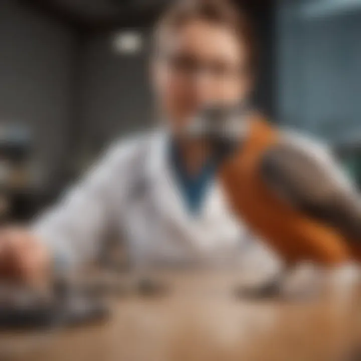 A veterinarian examining a bird