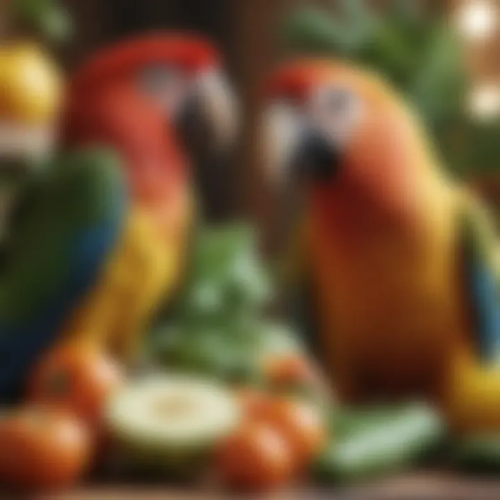 A close-up of a parrot enjoying a fresh vegetable medley.
