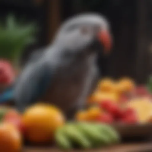 A vibrant assortment of fresh fruits and vegetables suitable for African Grey Parrots