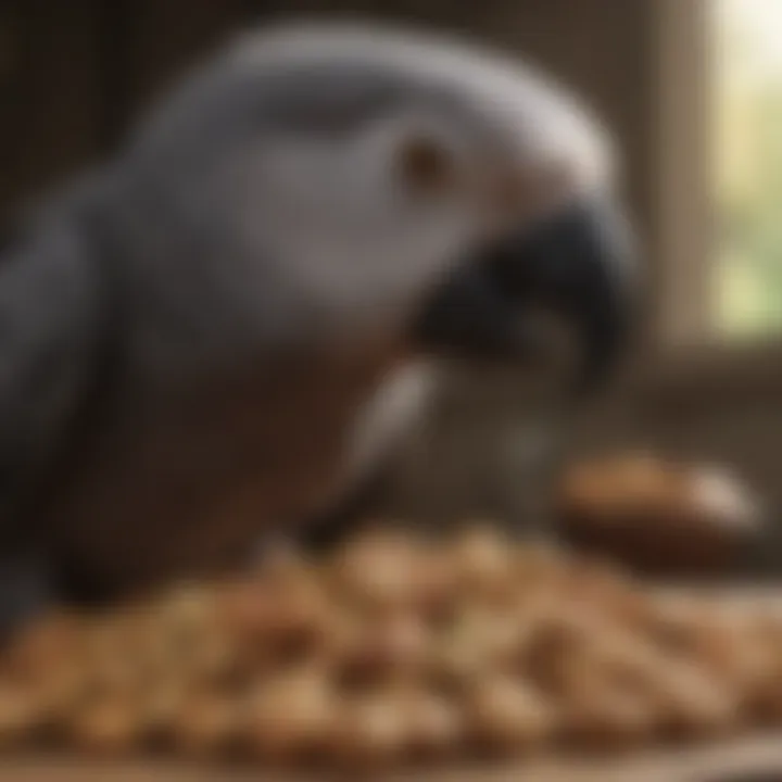 African Grey Parrots enjoying a variety of seeds and nuts