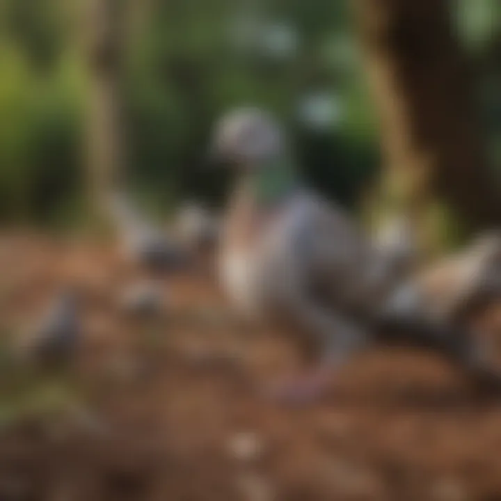 A diverse group of doves in their natural habitat, illustrating their social behavior and interactions.