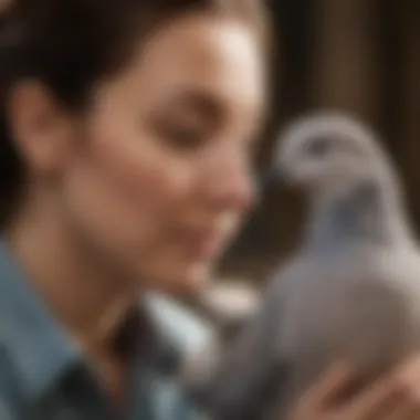 Bonding with a Dove Companion A serene scene depicting a gentle dove interacting with its owner, emphasizing the bond between them.