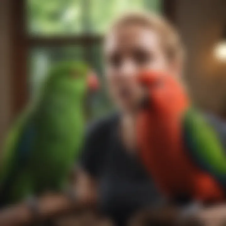 Eclectus parrot interacting with its owner during feeding