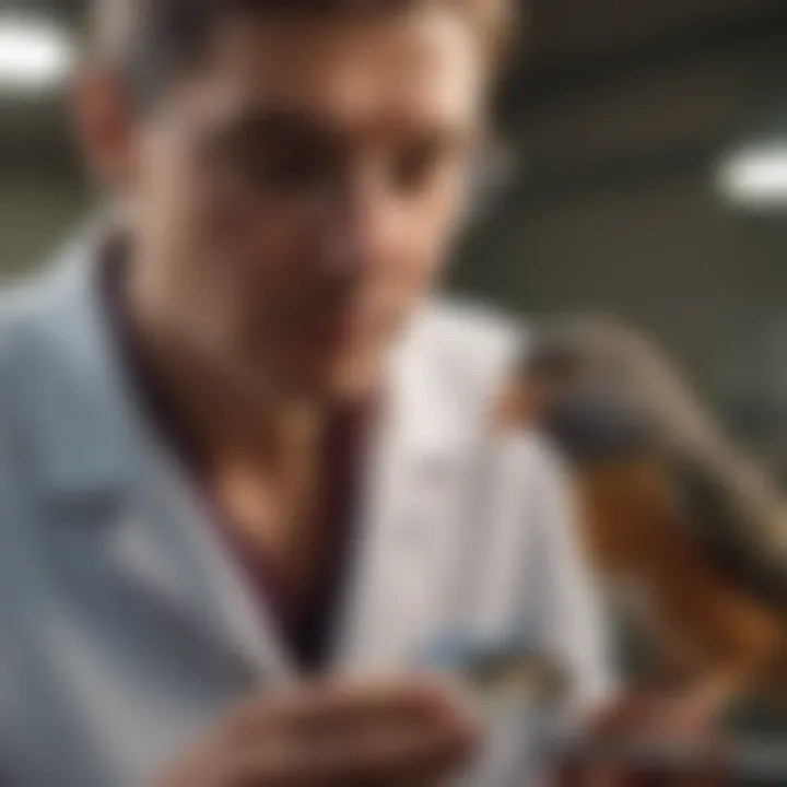 Veterinarian examining a pet bird during a routine check-up.