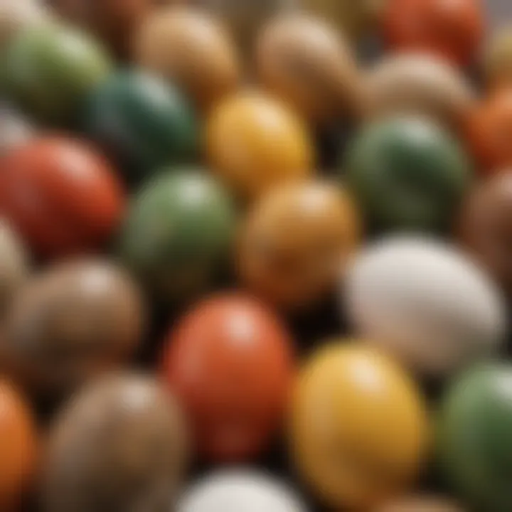 A close-up view of various fake conure eggs made from different materials