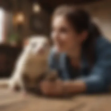 A ferret playing with its owner in a playful interaction