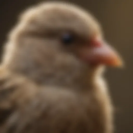 Close-up of a finch nestling showing its delicate features and down feathers.