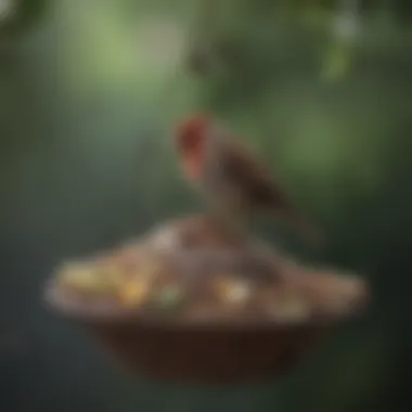 A finch perched with a varied diet in a bird feeder