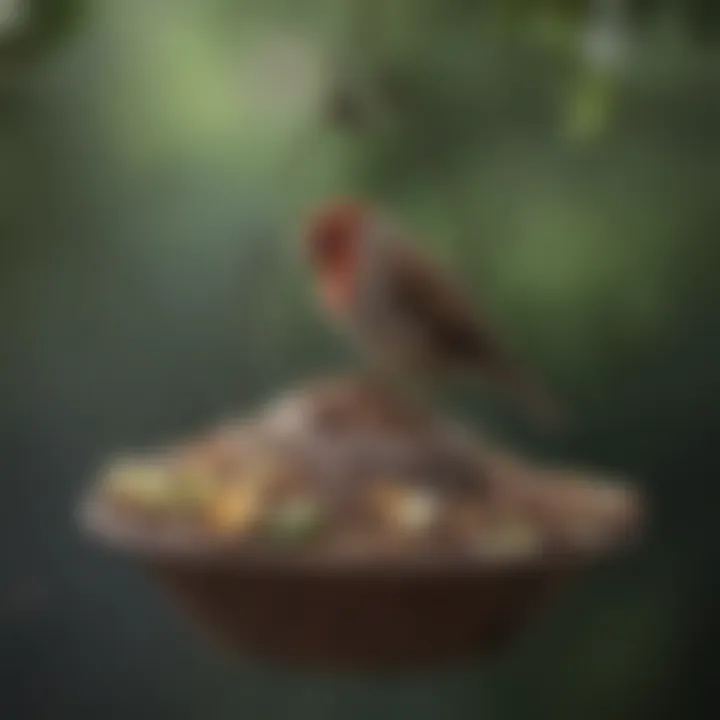A finch perched with a varied diet in a bird feeder