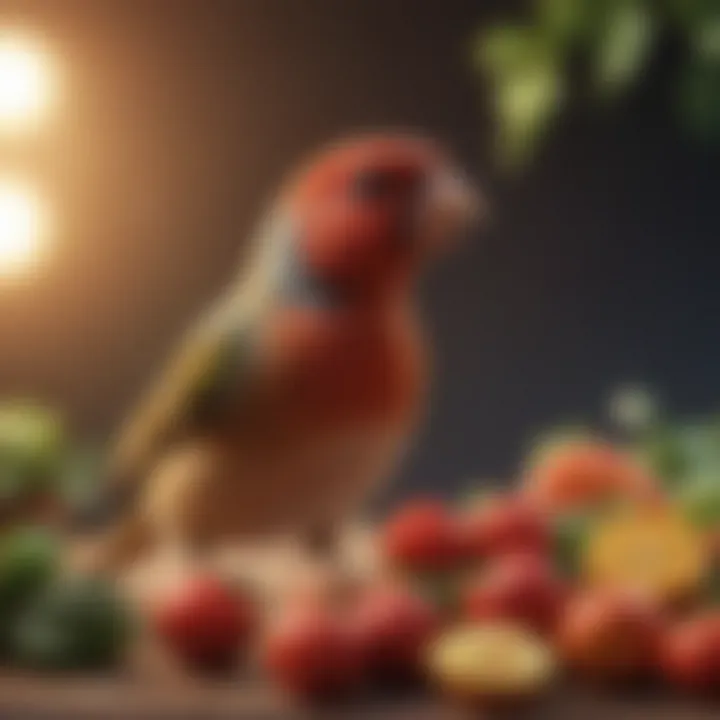A finch happily eating fresh fruits and vegetables
