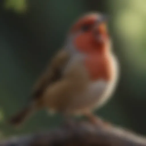 A close-up of a finch perched on a branch, vocalizing.