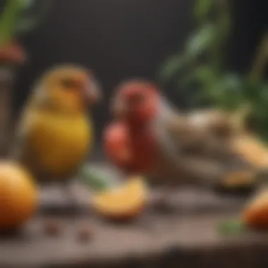 Finches Enjoying Fresh Fruits and Vegetables Finches enjoying fresh fruits and vegetables
