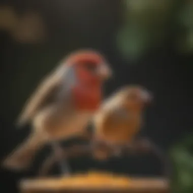 A finch perched on a feeder filled with nutritious food