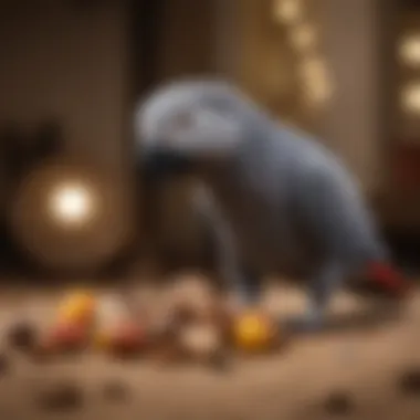 Engaging with Foraging Toys African Grey parrot engaging with a foraging toy filled with treats