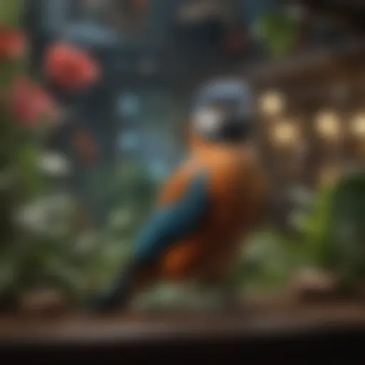 A vibrant indoor aviary illuminated by full spectrum bird lights