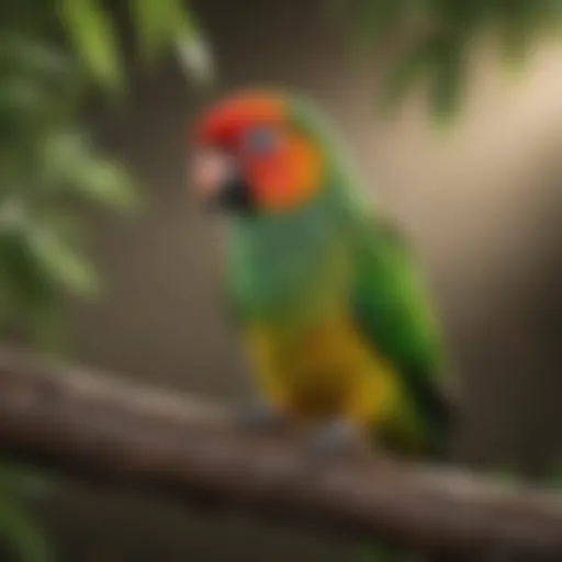 A vibrant green cheek conure perched on a branch, showcasing its colorful plumage.