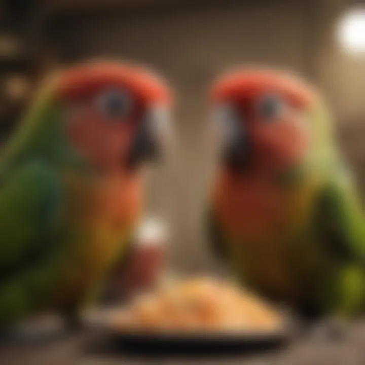 A greencheek conure enjoying a nutritious meal, emphasizing healthy feeding habits.