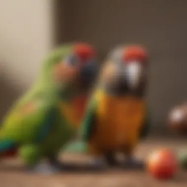 A close-up of a greencheek conure interacting with a toy, displaying its playful nature.