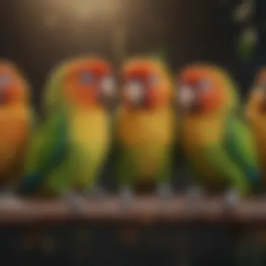 A flock of greencheek conures socializing together, highlighting their social behaviors.