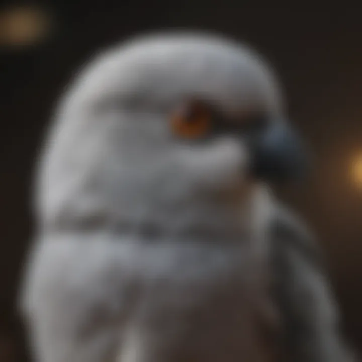 Close-up of a grey love bird displaying its distinct features, highlighting its eye-catching colors and markings.