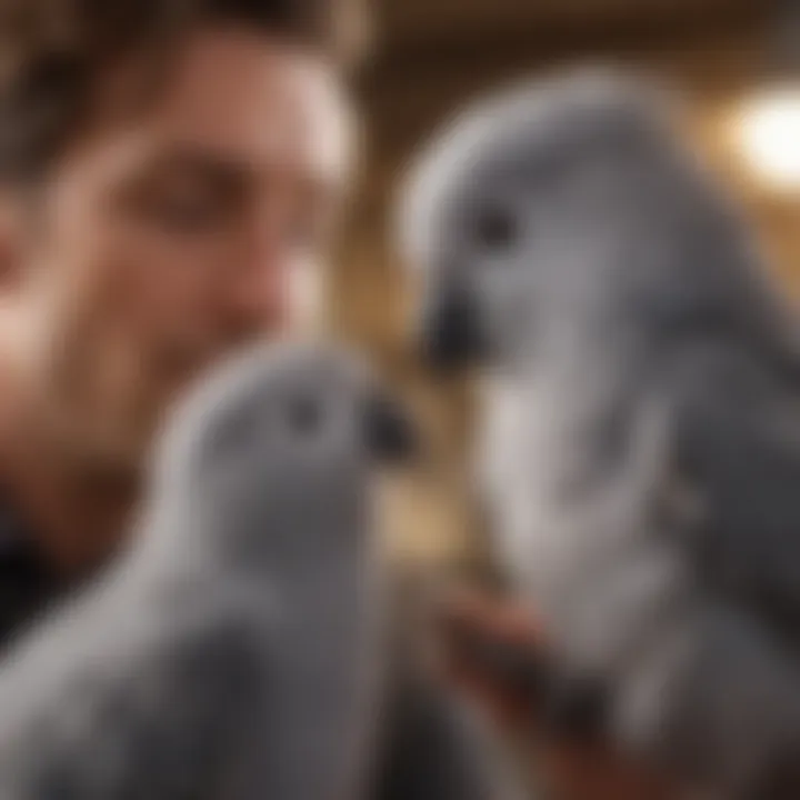 A grey love bird interacting with its owner, illustrating the bond of companionship between them.