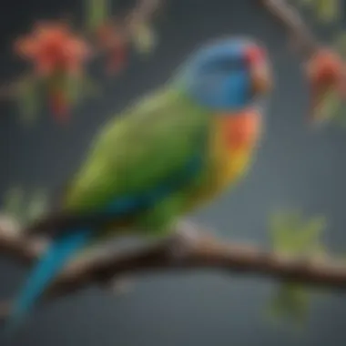 A vibrant parakeet perched on a branch, showcasing its colorful feathers.