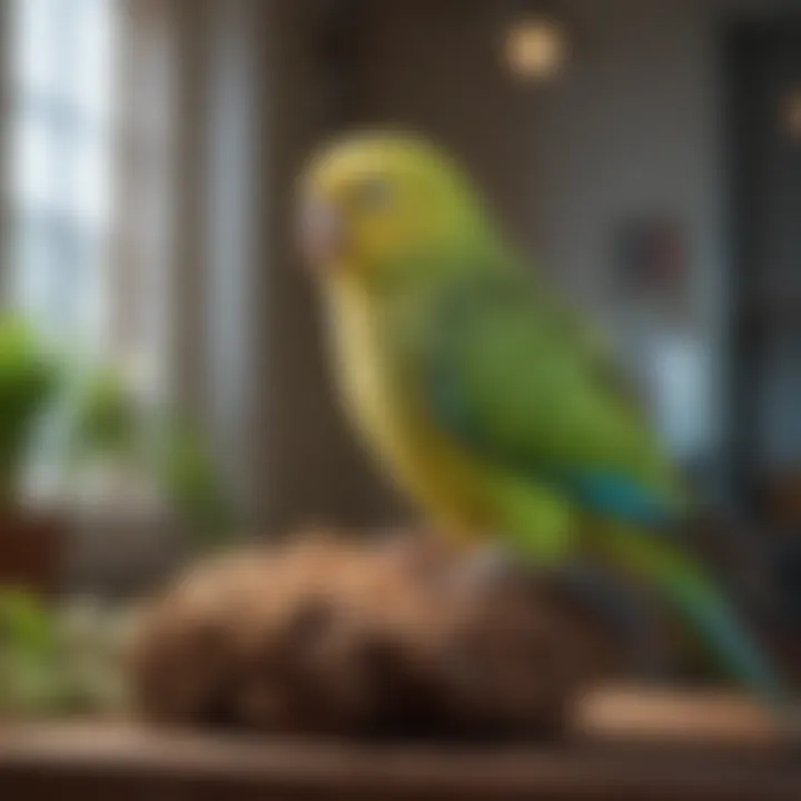 A serene image of a parakeet resting comfortably in a cozy habitat.