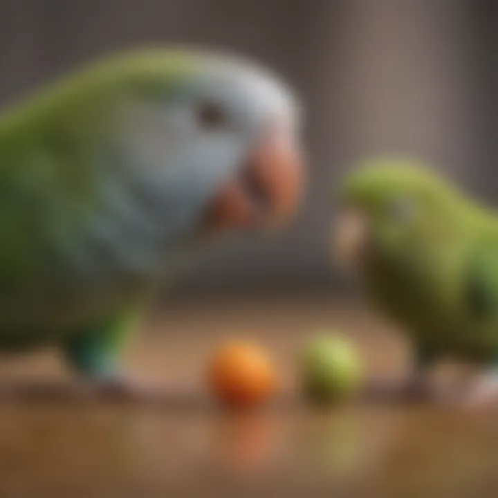 A close-up of a parakeet interacting playfully with a toy.