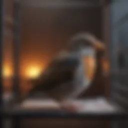 A bird resting comfortably on a heating pad inside its cage