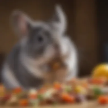 Chinchilla enjoying a healthy snack mix of dried fruits and vegetables