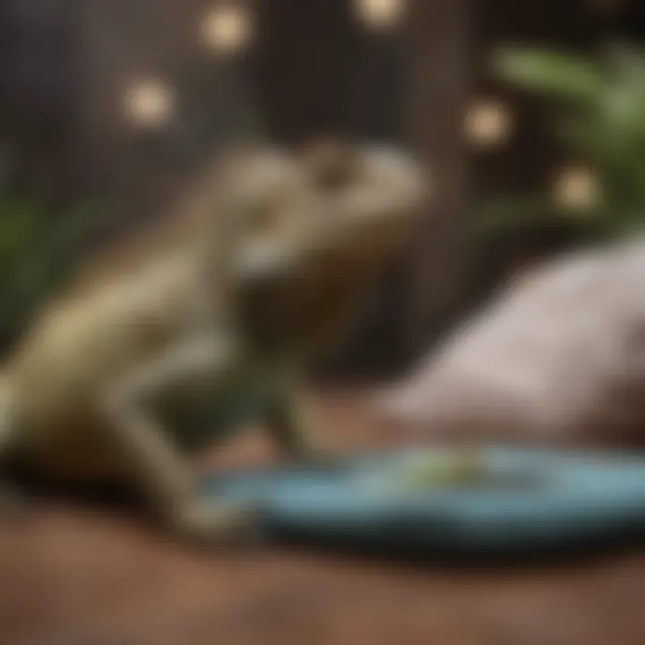 An iguana interacting with environmental enrichment alongside a heating pad