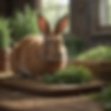 Nutritional setup showing fresh greens and hay for large rabbits