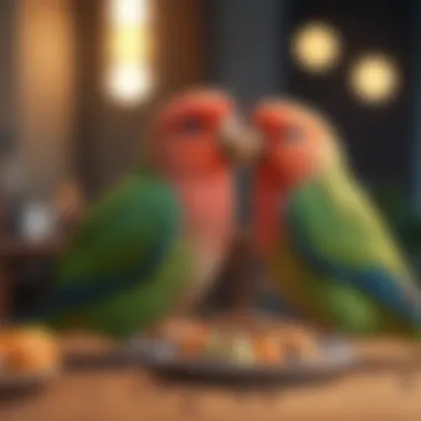 Lovebirds enjoying their meal with vibrant colors