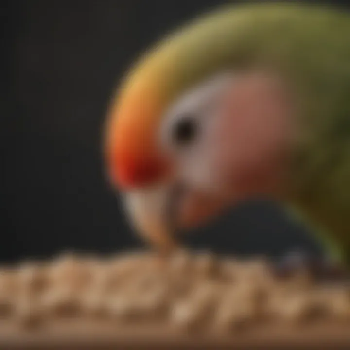 Close-up of lovebird enjoying a pellet, highlighting its preference