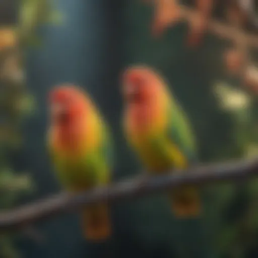 Colorful lovebirds perched on a branch