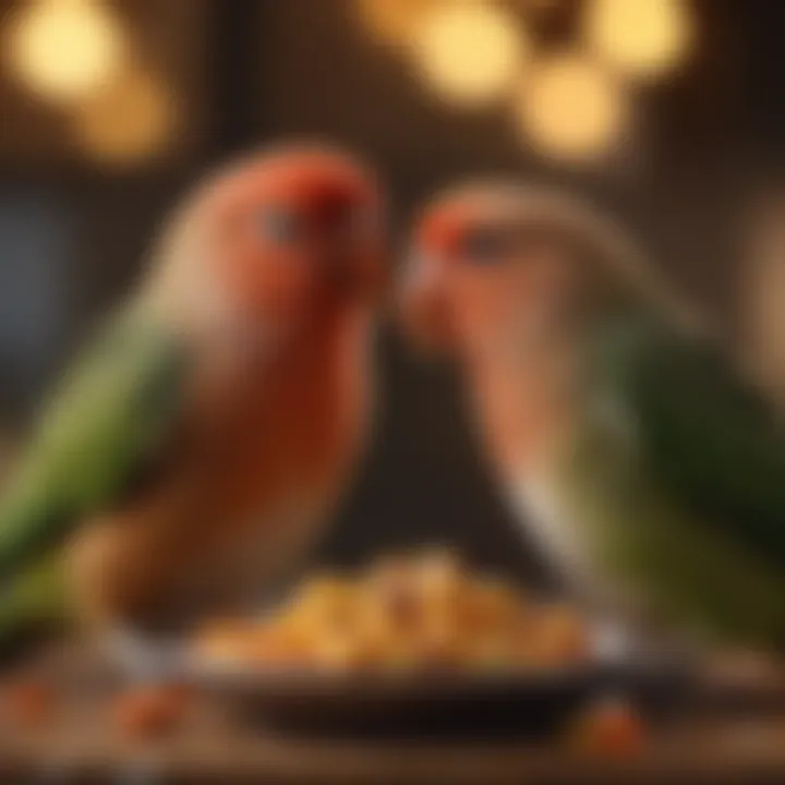 A close-up of lovebirds enjoying a nutritious meal, highlighting their dietary needs.