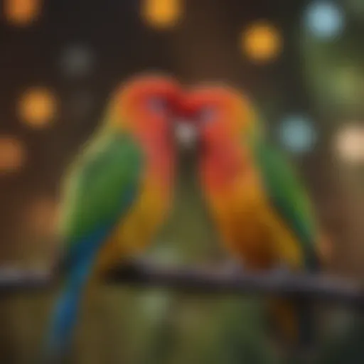 A pair of vibrant lovebirds perched together, showcasing their colorful plumage.