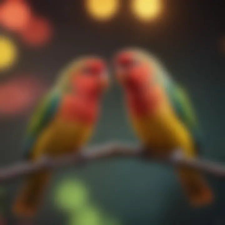 A vibrant pair of lovebirds perched together, showcasing their striking colors.