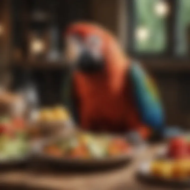 A close-up of a macaw enjoying a nutritious meal, highlighting the importance of diet in their lifespan.