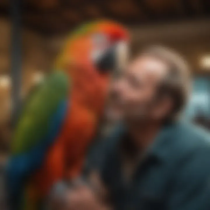 A joyful interaction between a macaw and its owner, illustrating the bond and responsibilities of caretaking.