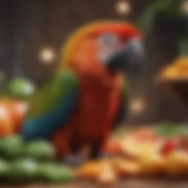 A variety of fresh fruits and vegetables suitable for macaw diet