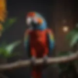 A vibrant macaw perched on a branch showcasing its colorful feathers