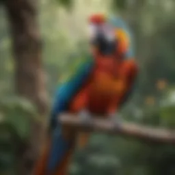 A vibrant macaw perched on a branch, showcasing its colorful feathers.