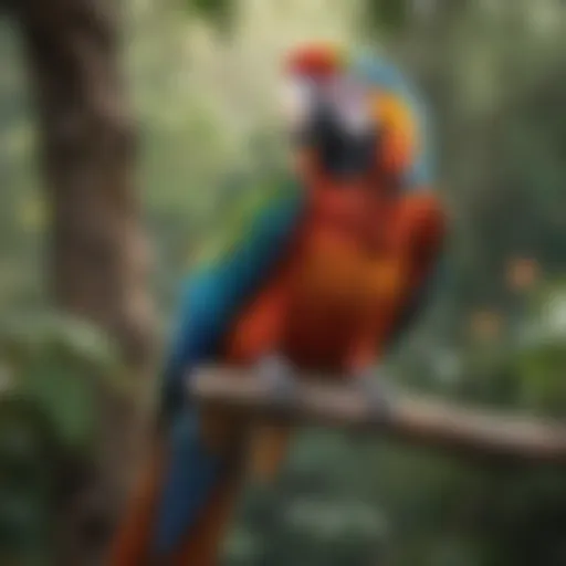 A vibrant macaw perched on a branch, showcasing its colorful feathers.