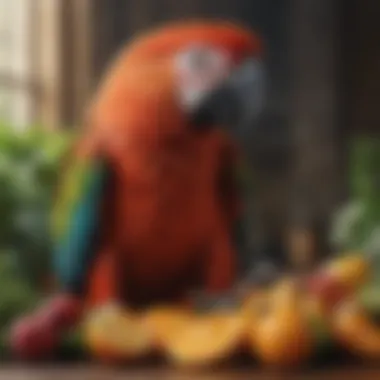 Nutritious Diet for Macaws A close-up of a macaw enjoying a healthy assortment of fresh fruits and vegetables.