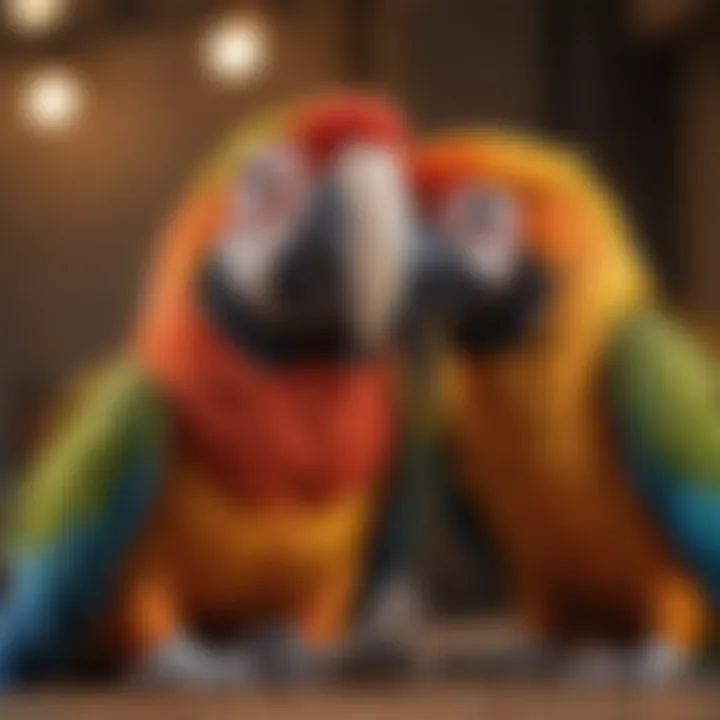A close-up of a macaw interacting with a toy, emphasizing its intelligence and playfulness