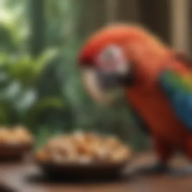 Nourishing Your Macaw: Dietary Essentials A macaw being fed a nutritious meal, illustrating its dietary needs and preferences