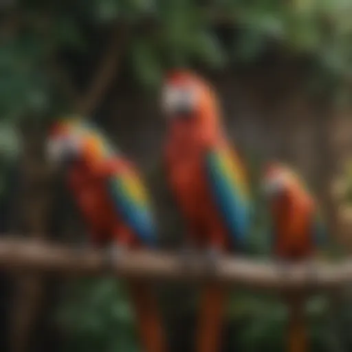 A vibrant macaw perched on a branch showcasing its colorful feathers